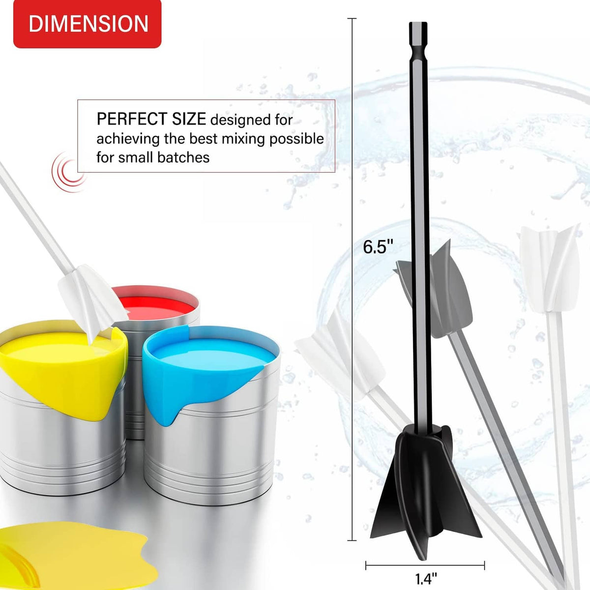 Four resin mixer paddles with white and black blades on a drill attachment shaft