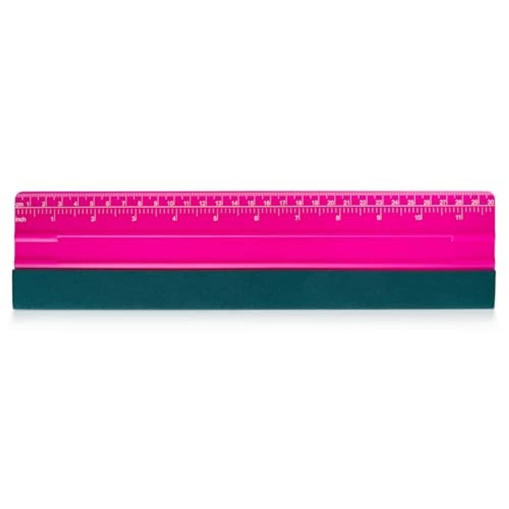 Pink squeegee with dark green felt edge and measurement markings along ruler