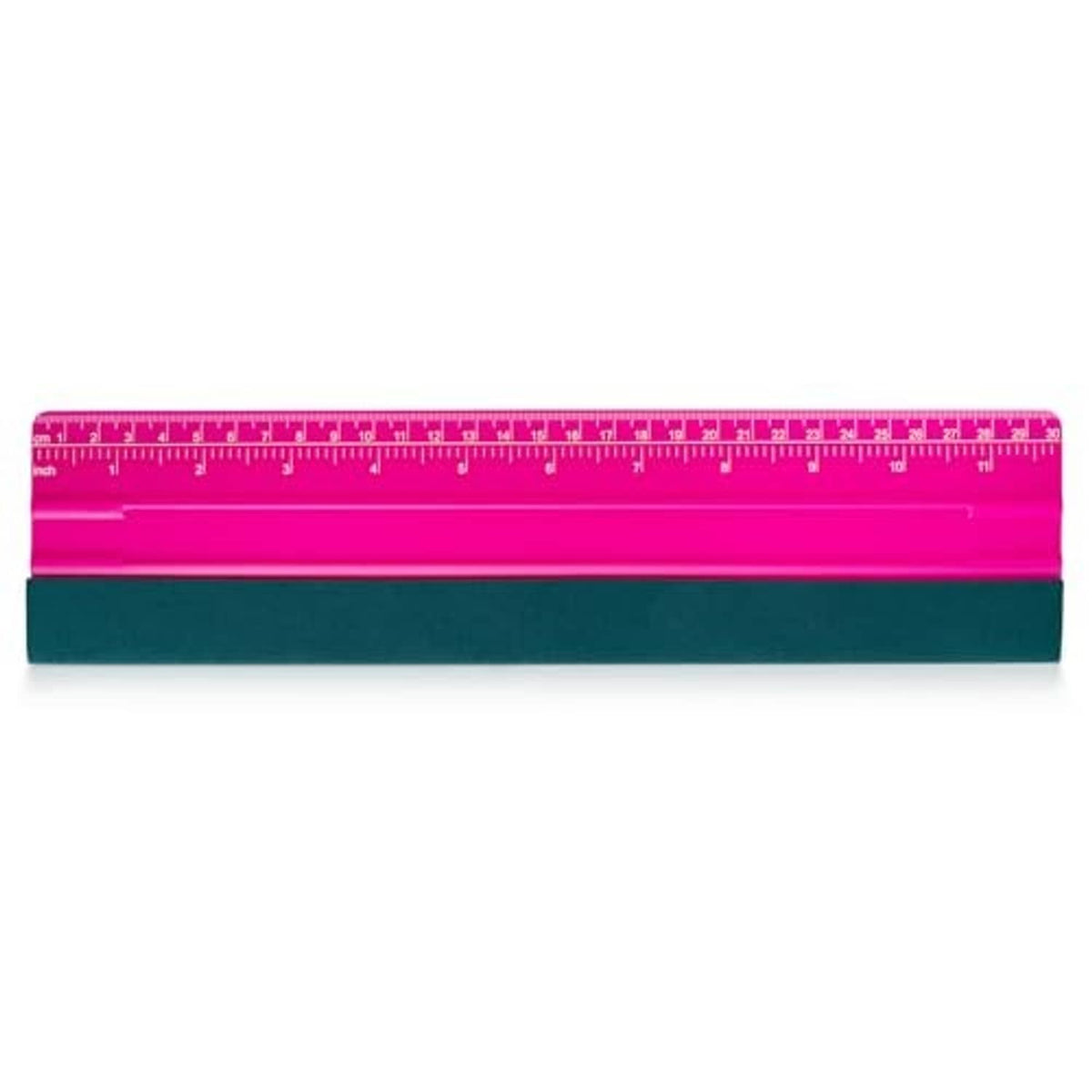 Pink squeegee with dark green felt edge and measurement markings along ruler