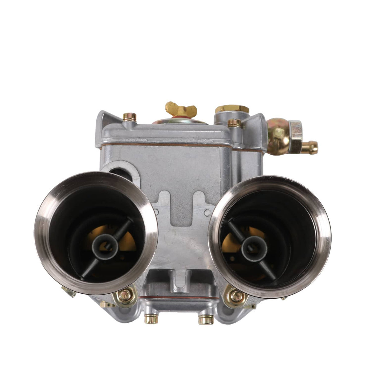 Twin-choke carburetor underside view with two round intake ports