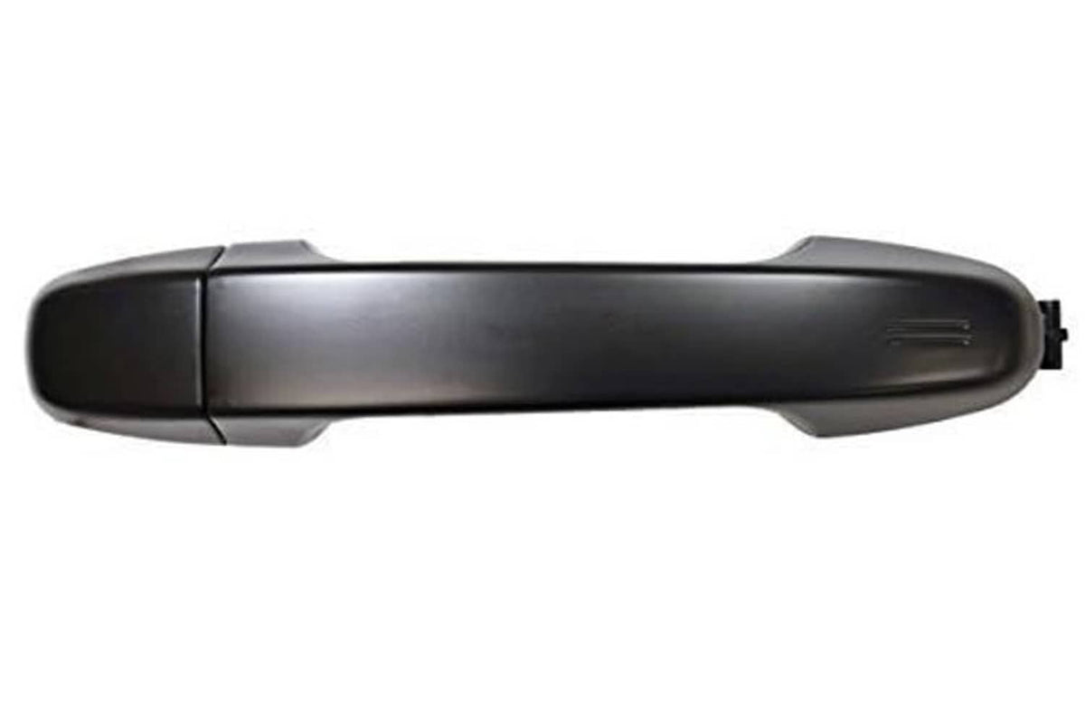 Smooth black exterior outside door handle, curved lever, opposite side view