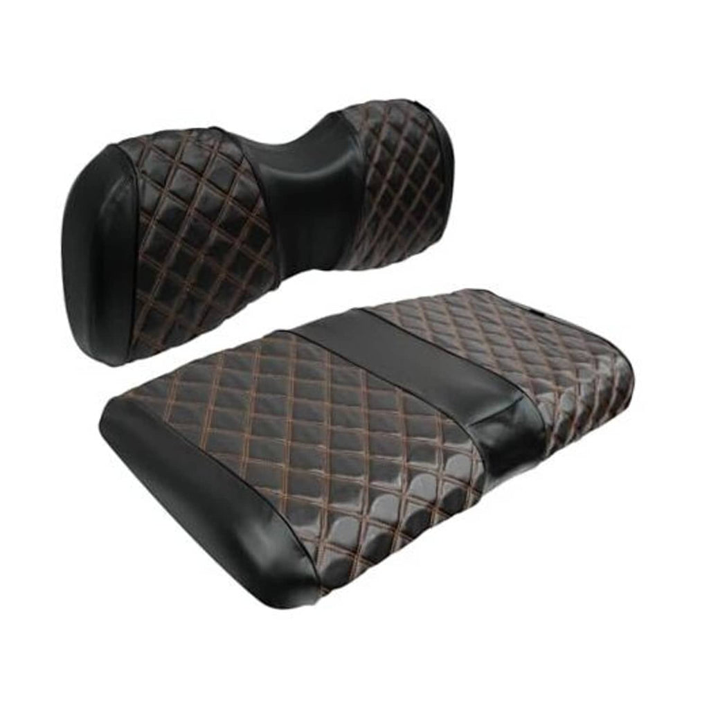 Golf cart seat cover set: black quilted diamond pattern with brown accents for front seat