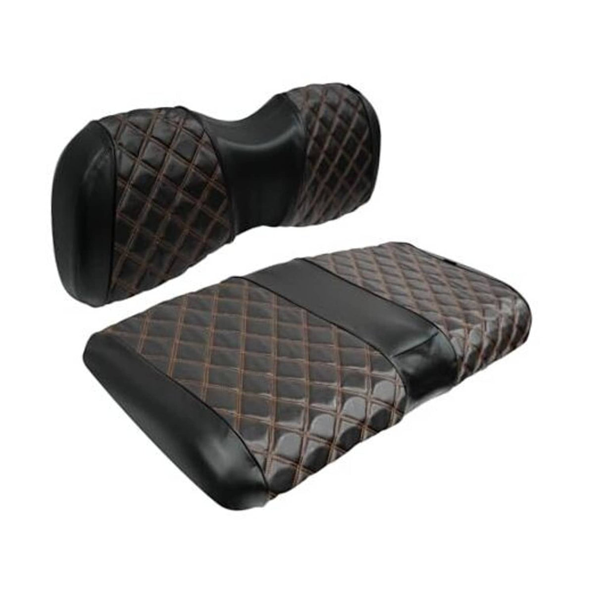 Golf cart seat cover set: black quilted diamond pattern with brown accents for front seat