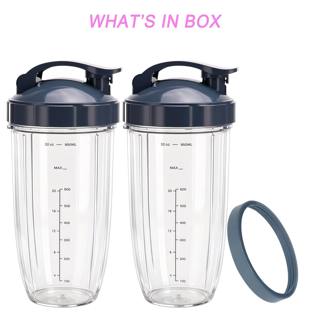 Two clear blender cups with dark flip-top lids and matching carrying ring