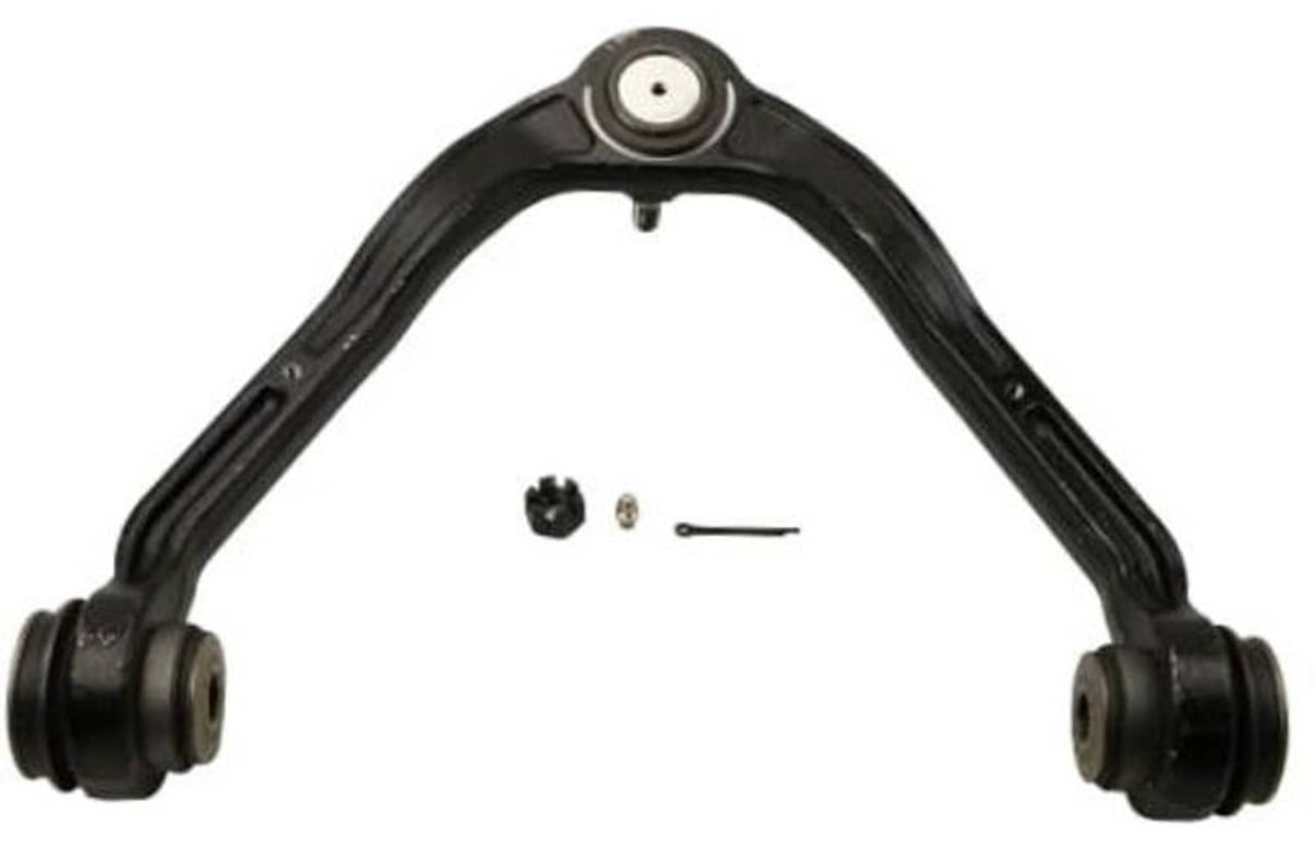 Front upper suspension ball joint control arm, black steel with rubber bushings and bolts