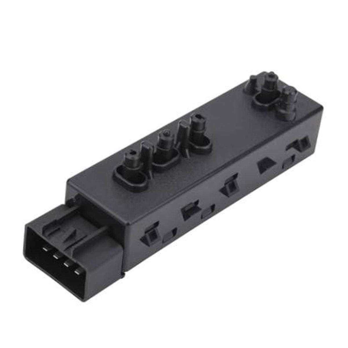 Black power seat switch control module with multi-button rocker and connector ports