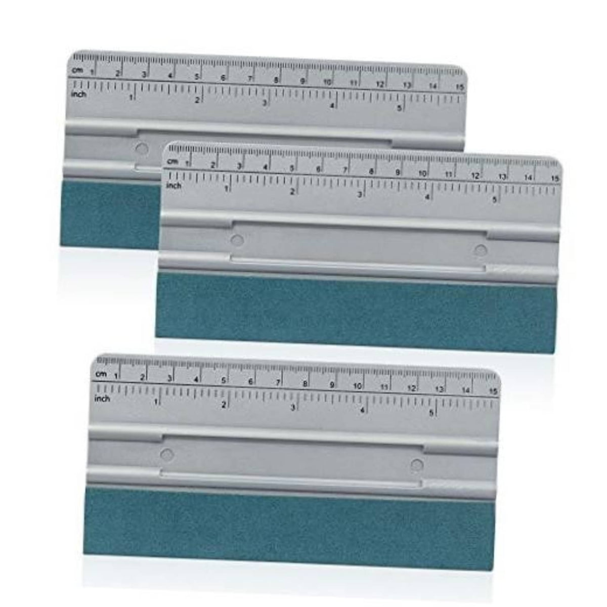 Gray squeegee with teal pad and dual inch/centimeter measurement rulers
