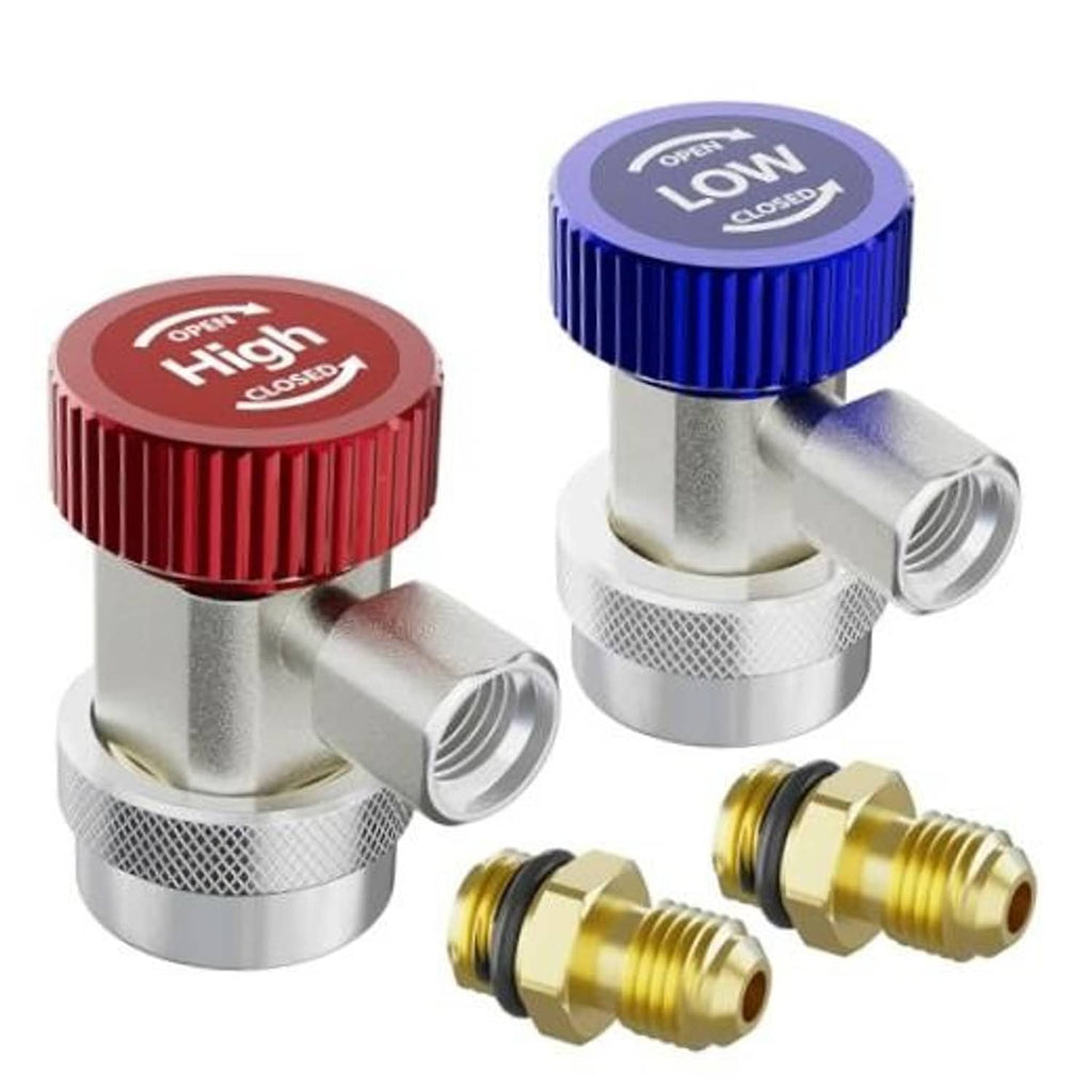 R134a quick coupler adapter with blue and red knobs, silver body and brass quick-connect