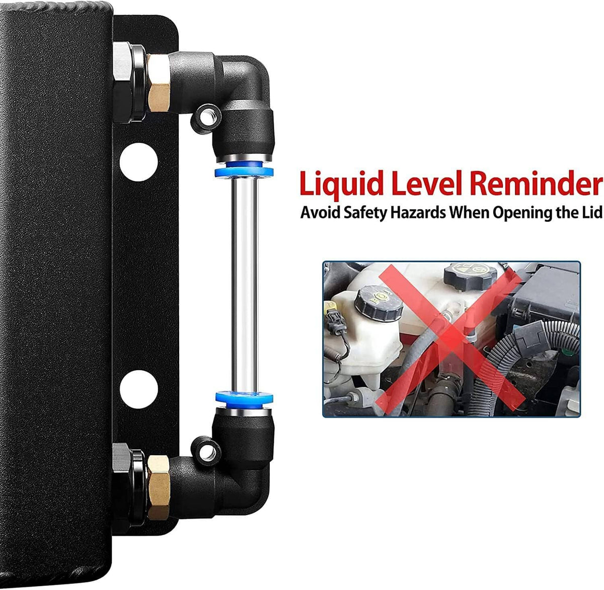 Coolant overflow tank with blue inlet fittings and side mount brackets detail
