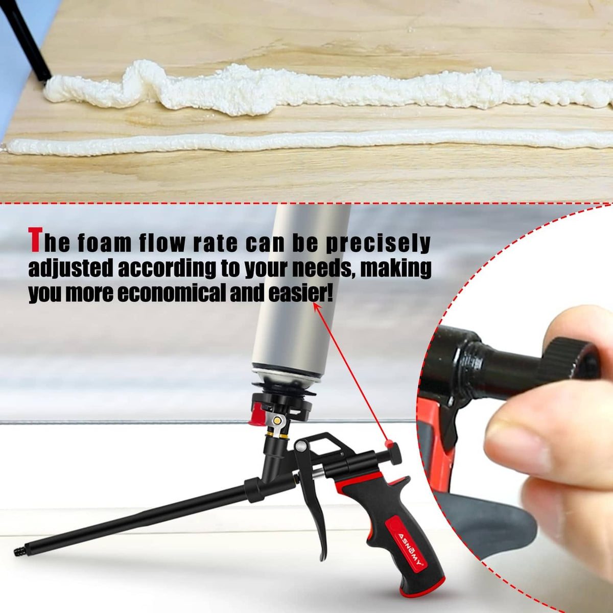 Expanding foam spray gun applying white expanding foam bead along a wood seam