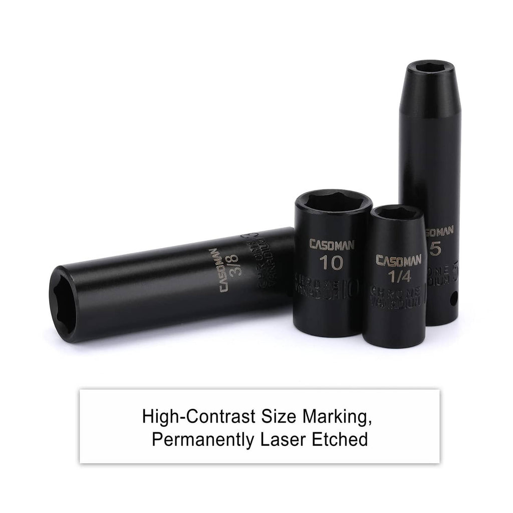Black 1/4-in drive impact sockets with laser-etched size markings
