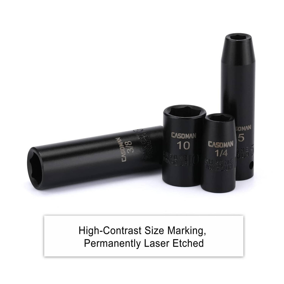 Black 1/4-in drive impact sockets with laser-etched size markings