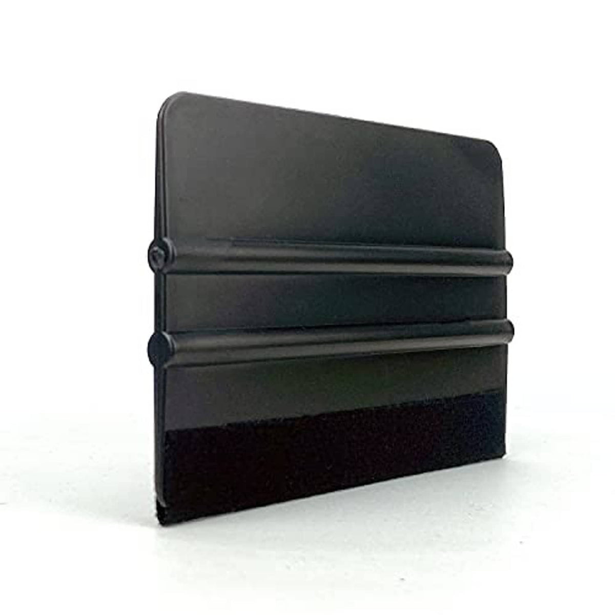 Black vinyl squeegee scraper tool with curved handle and blade