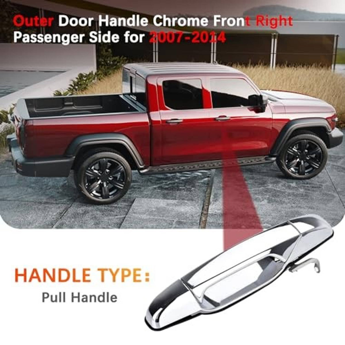 Chrome exterior door pull handle shown on front passenger side with trim backing