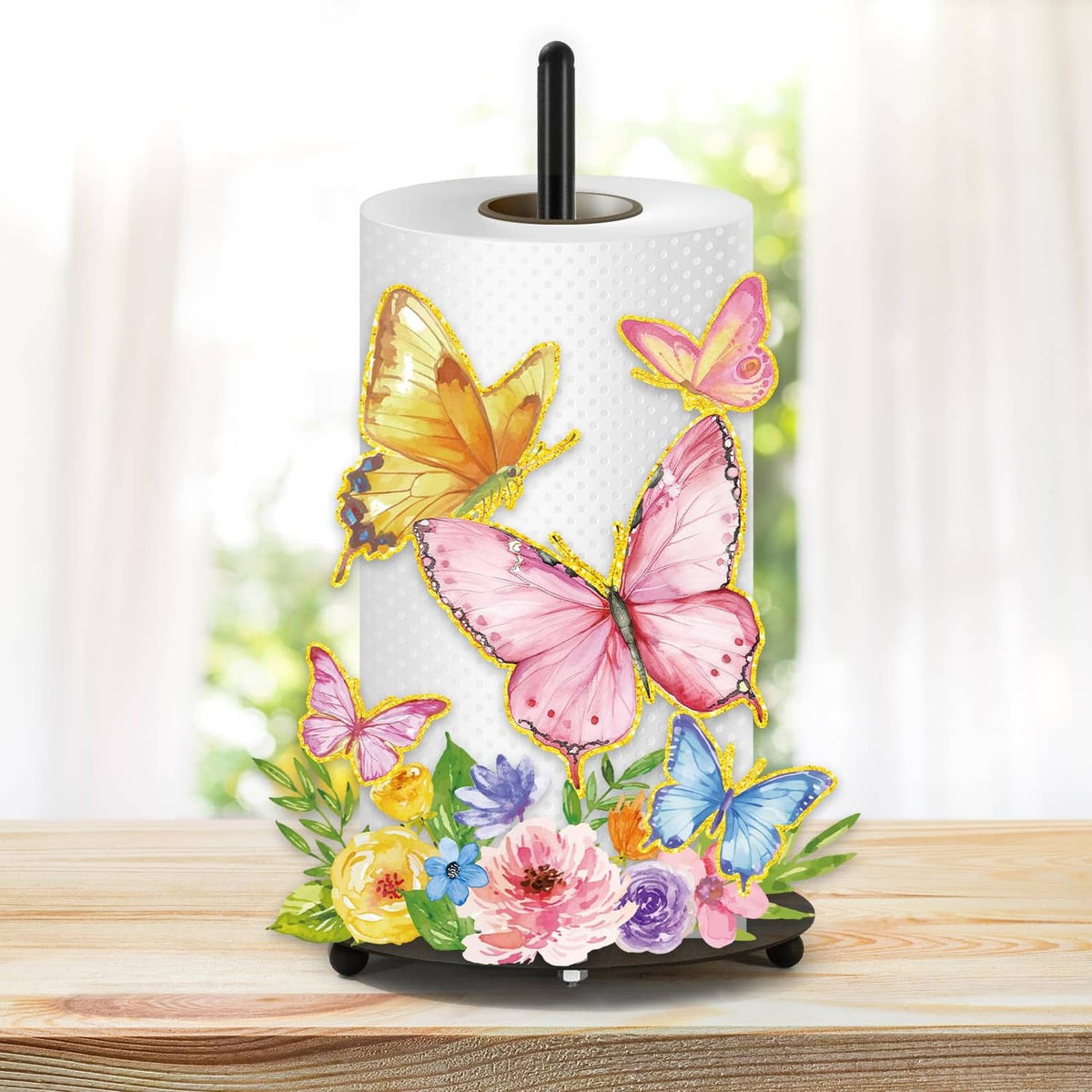 Butterfly floral paper towel holder with upright metal rod and painted base, white body