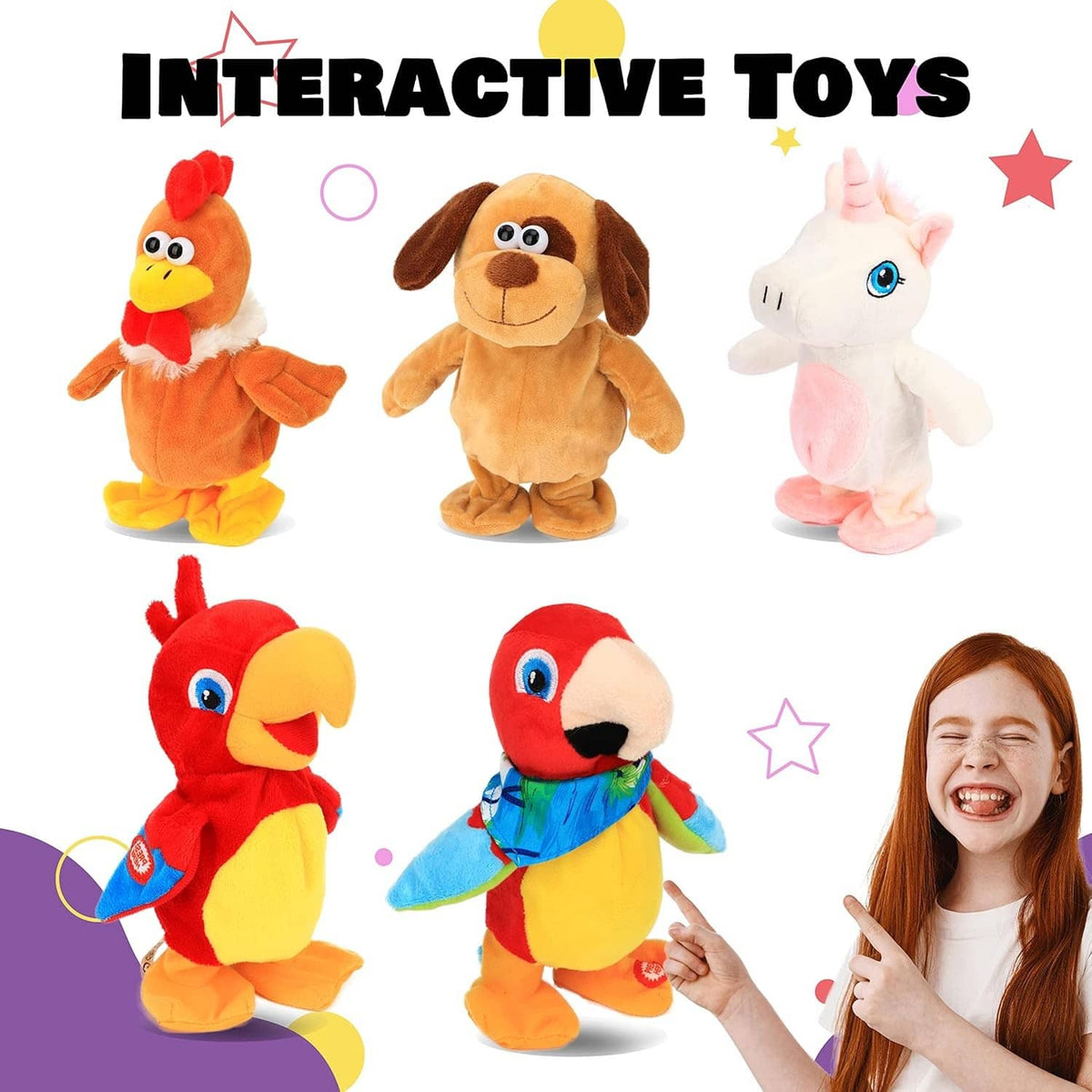 Orange talking chicken plush among interactive toys, red comb and yellow feet visible