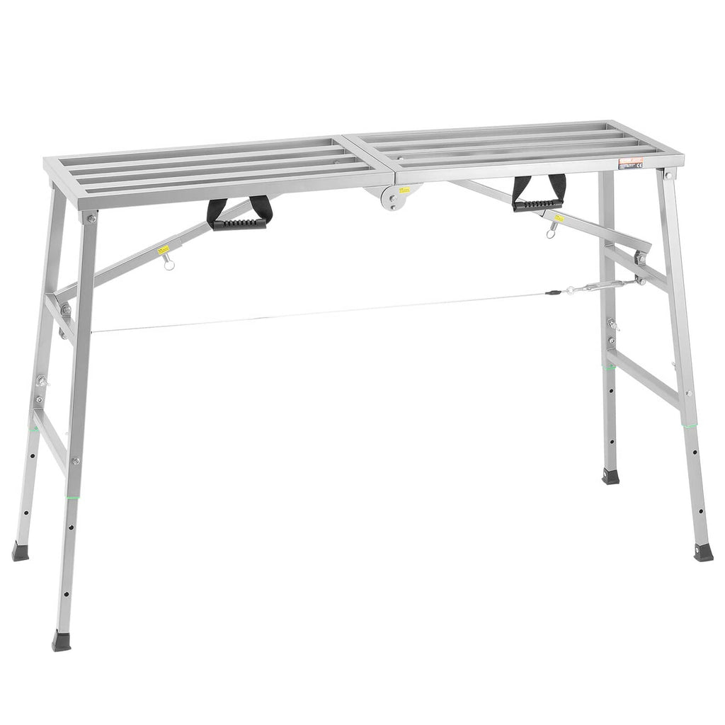 Portable scaffolding platform in light gray with slatted top, cross braces, and height legs
