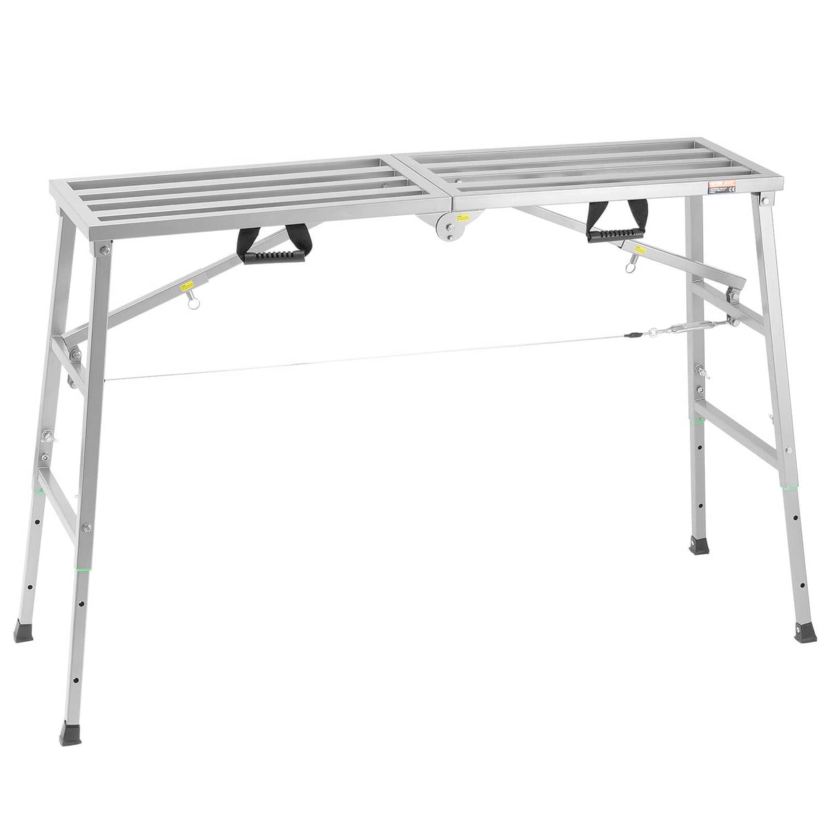 Portable scaffolding platform in light gray with slatted top, cross braces, and height legs