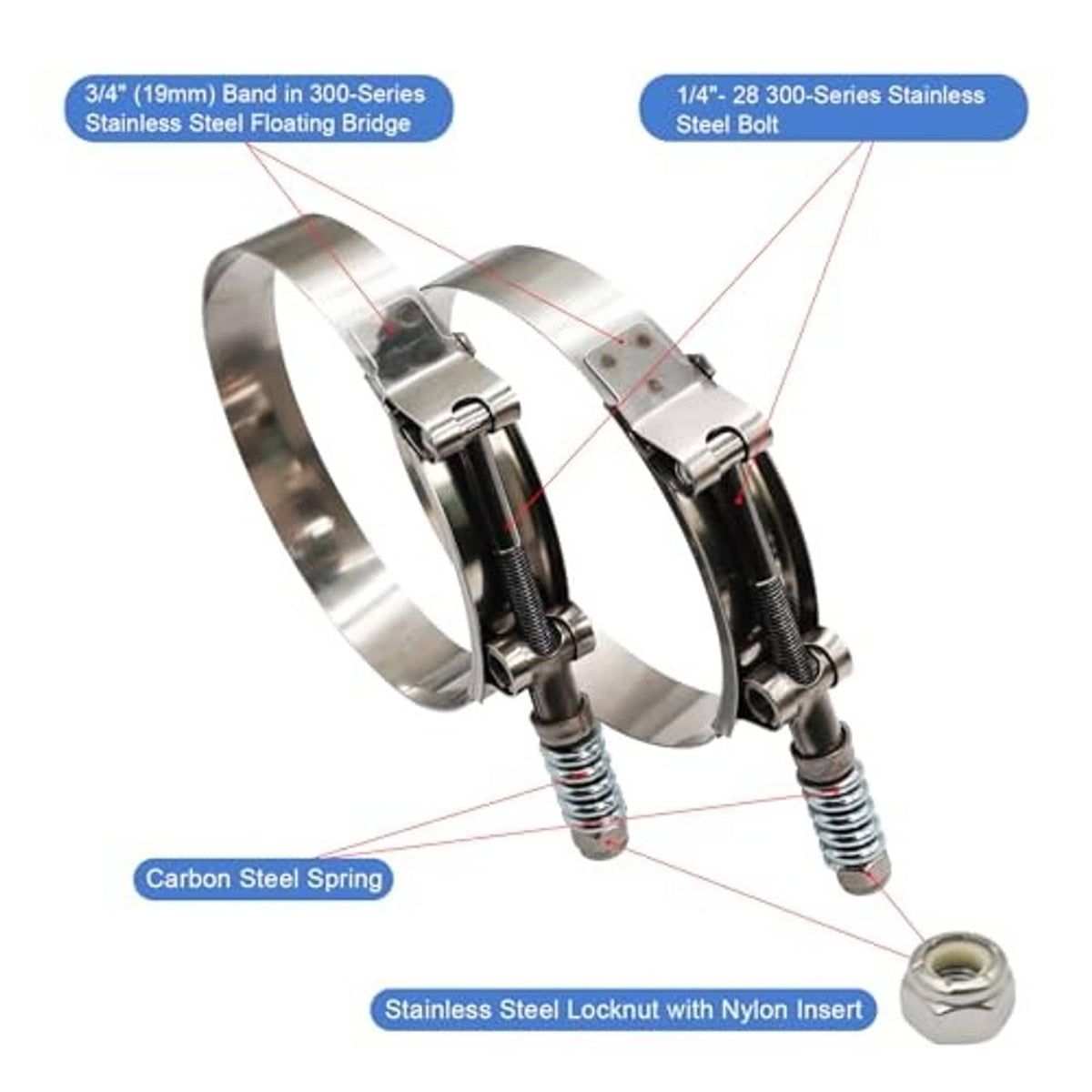 T-bolt hose clamps with stainless bolts, coil spring, and locknut with nylon insert