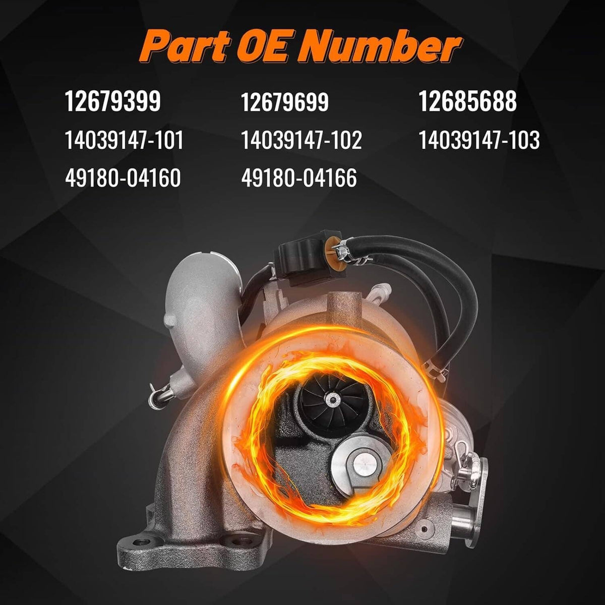 Turbocharger showing turbine wheel inlet, silver exhaust housing with orange glow