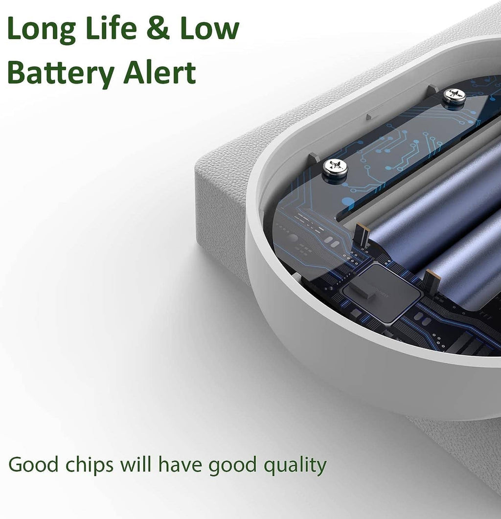 White water leak detector with open battery compartment and internal circuit board