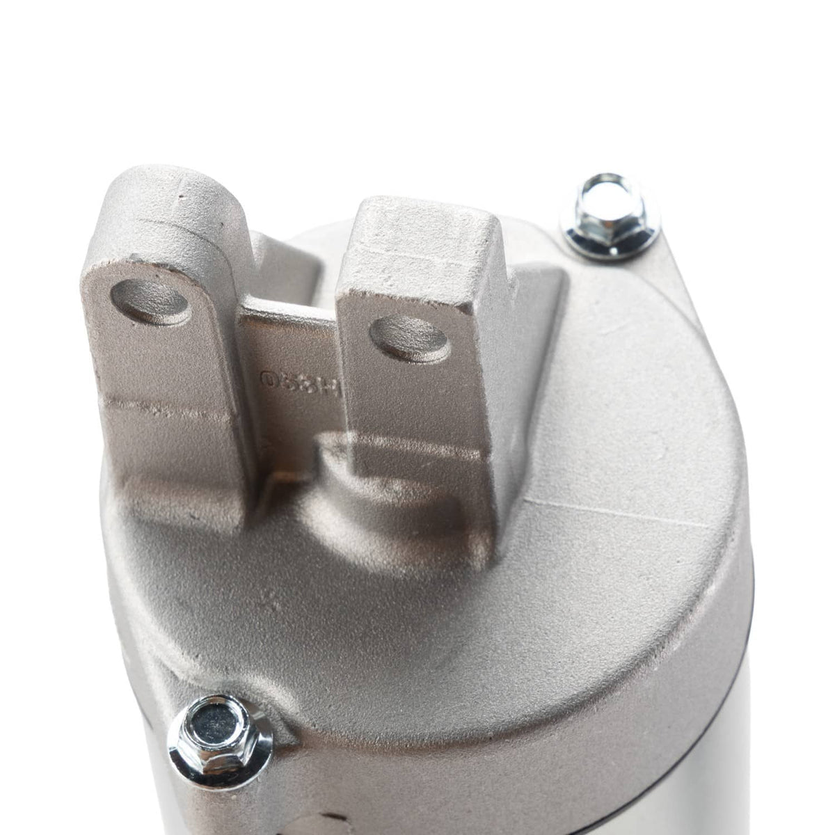 Motor starter end cap with mounting ears and visible hex bolt heads