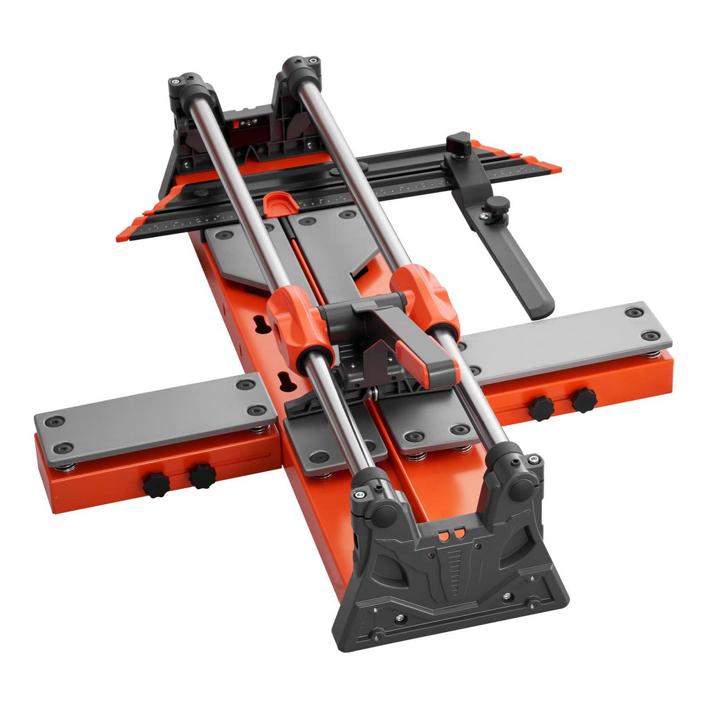 Manual tile cutter with sliding carriage and two side supports, orange base