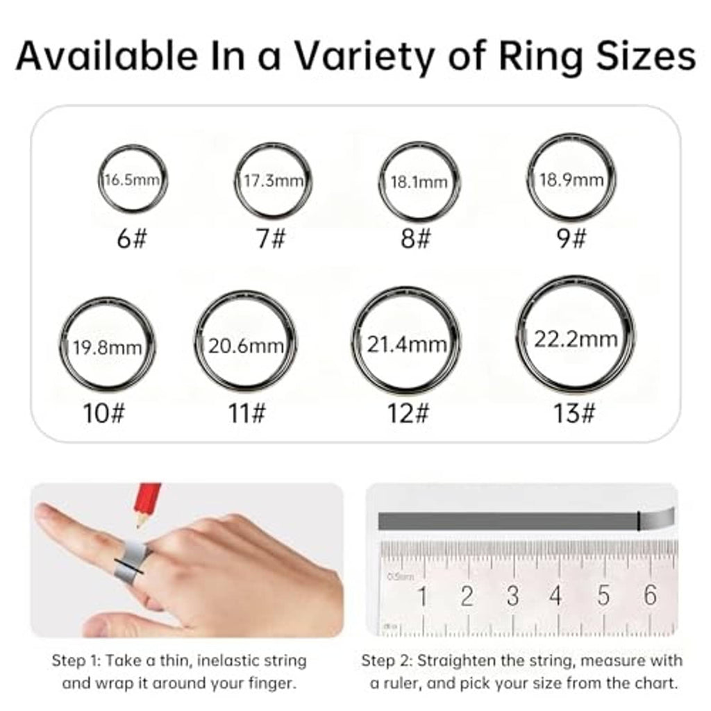 Smart ring size chart showing several silver bands with size measurements