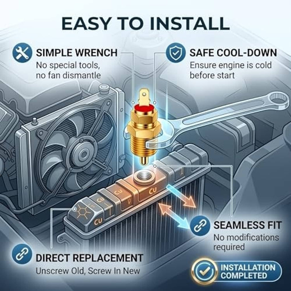 Brass radiator fan switch thermostat with threaded screw section and electrical mounting tab