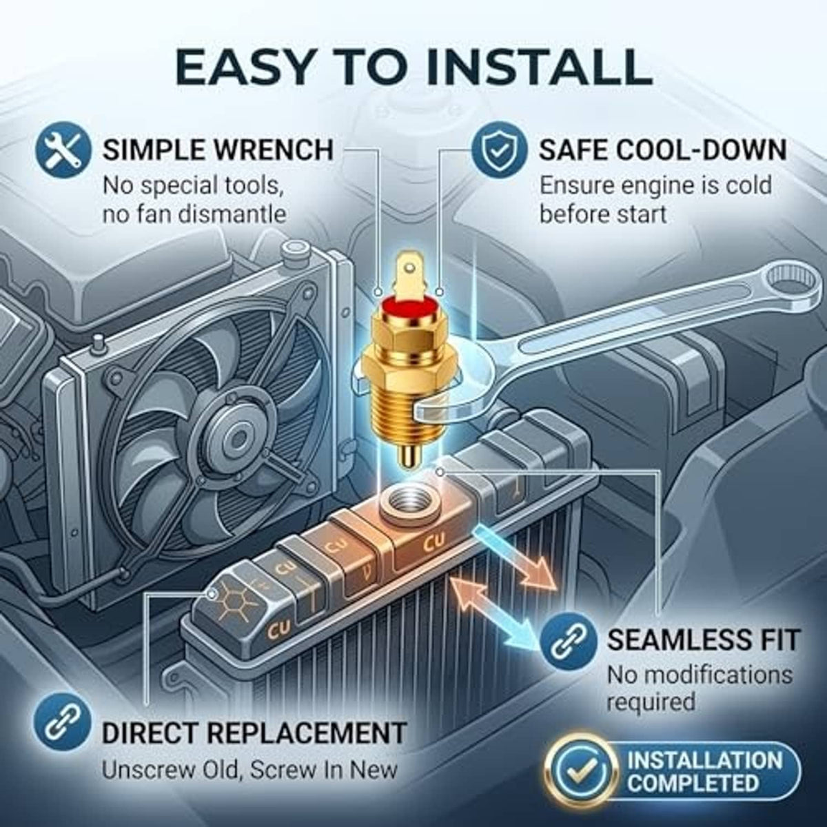 Brass radiator fan switch thermostat with threaded screw section and electrical mounting tab