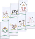 Hand towel set with embroidered barn, rooster, cow, sheep, and bunny scenes on white