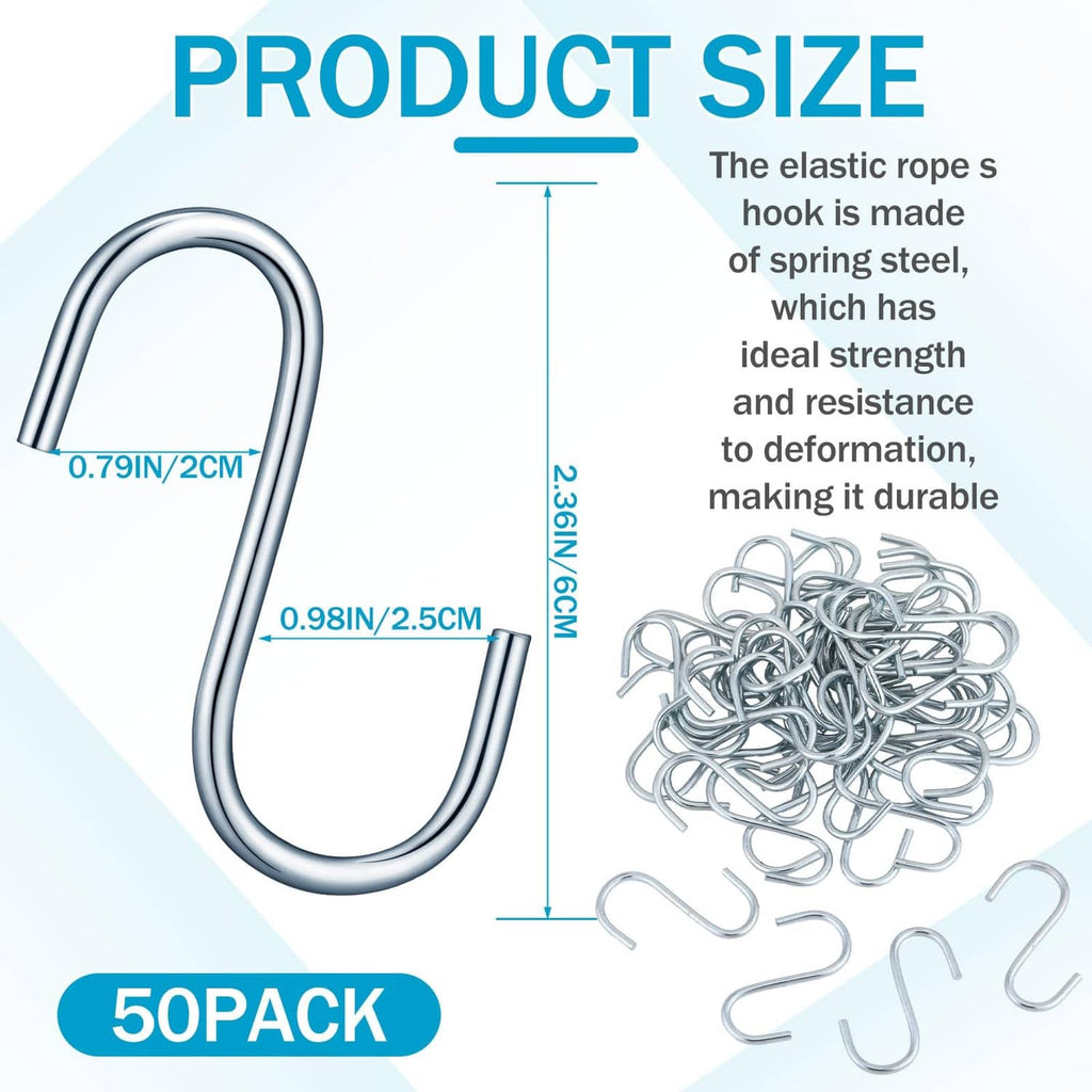 Light blue spring steel S hooks with bungee cords, 50-pack set