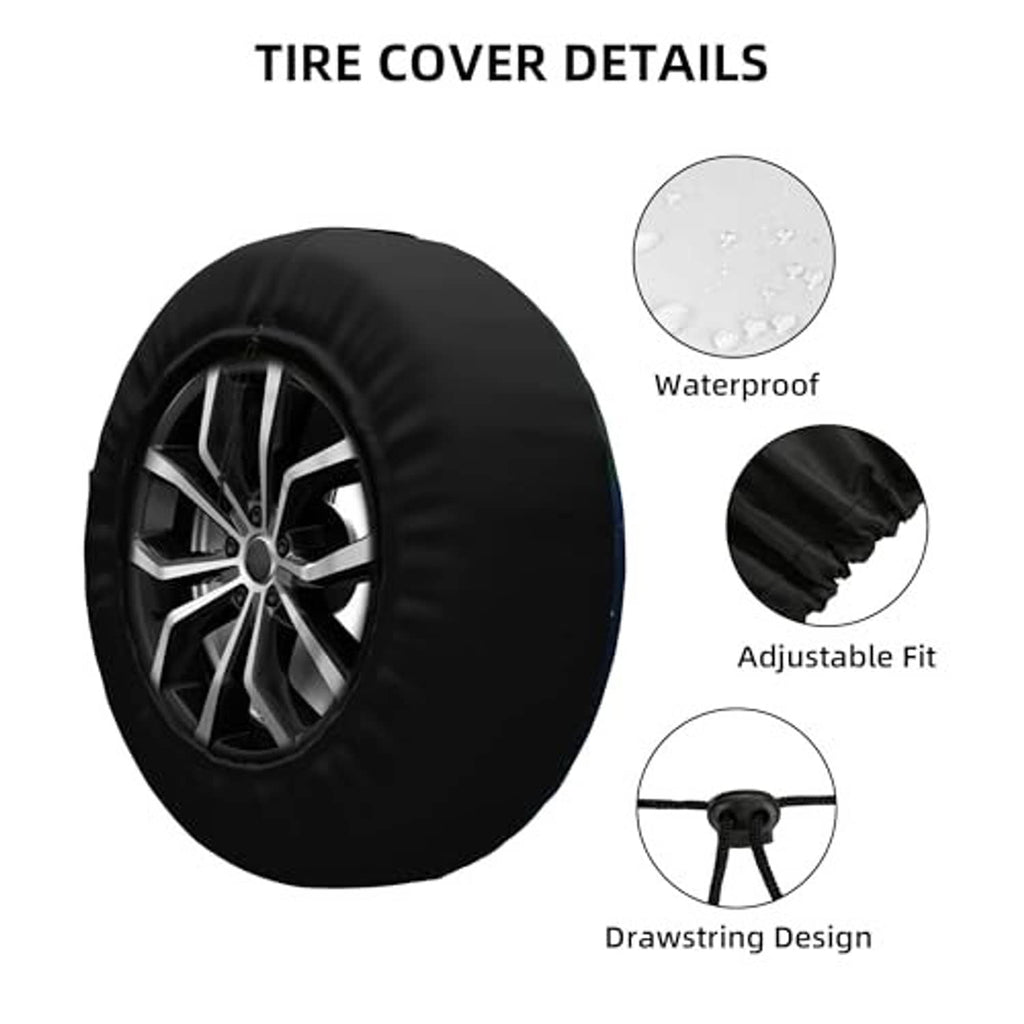 Spare tire cover details diagram: black cover, waterproof, adjustable fit, drawstring