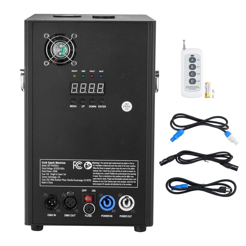 Front control panel of black cold spark firework machine with remote and cables