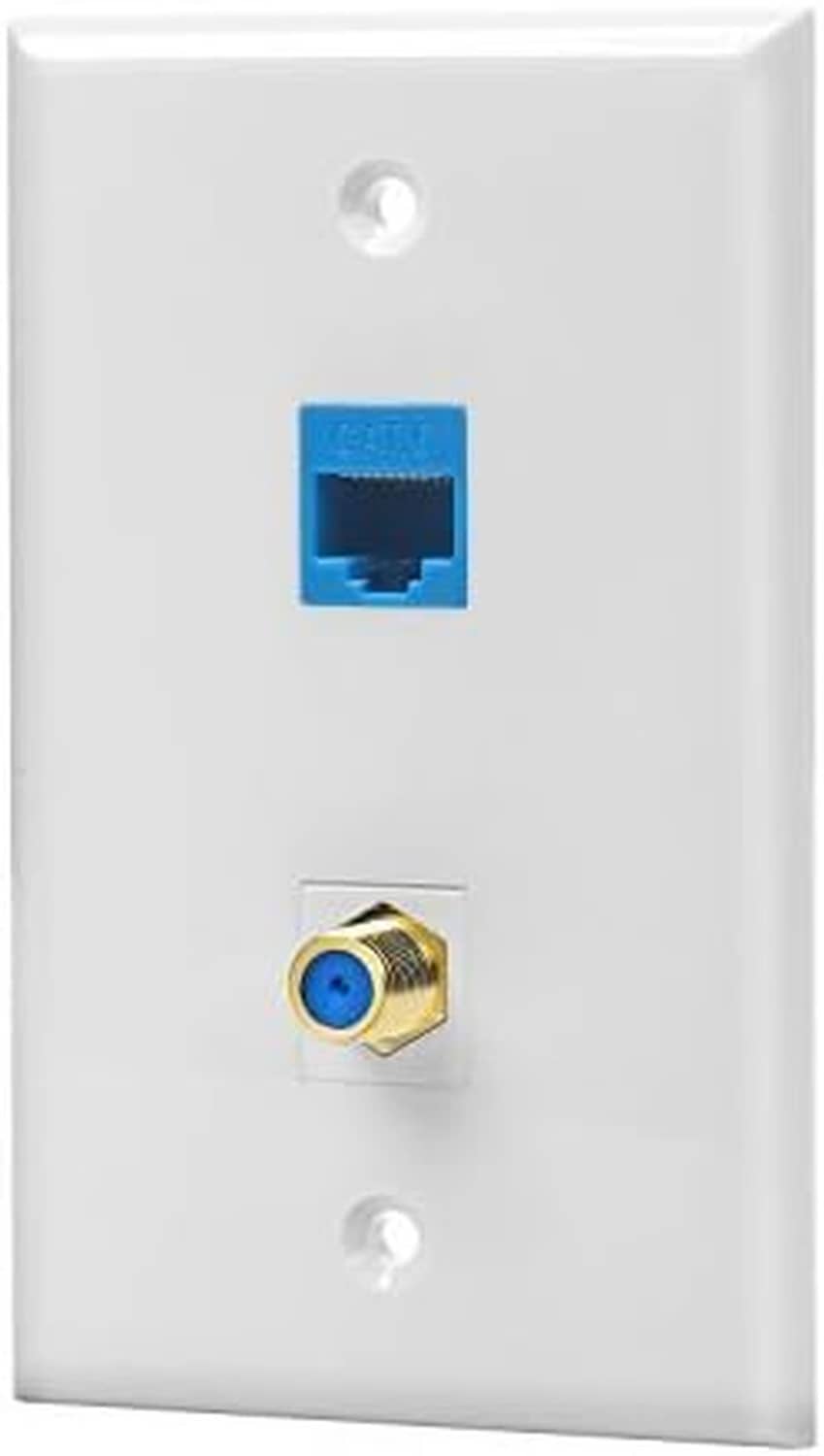 White wall plate showing blue RJ45 Ethernet jack and gold coax F connector