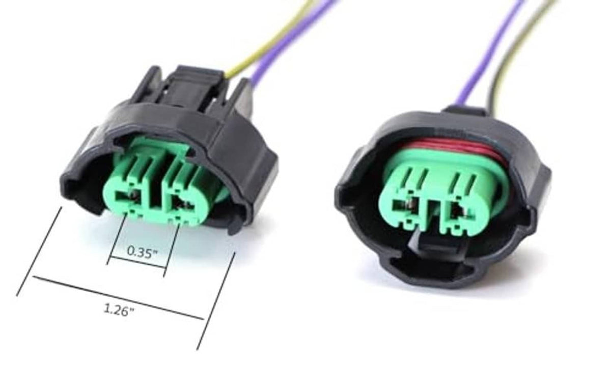 H11/H8 female adapter connectors with green plug and dimensions shown for wiring fit