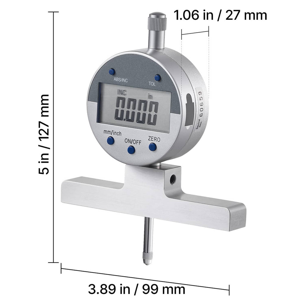 Digital depth gauge close-up with LCD screen and metal measuring base