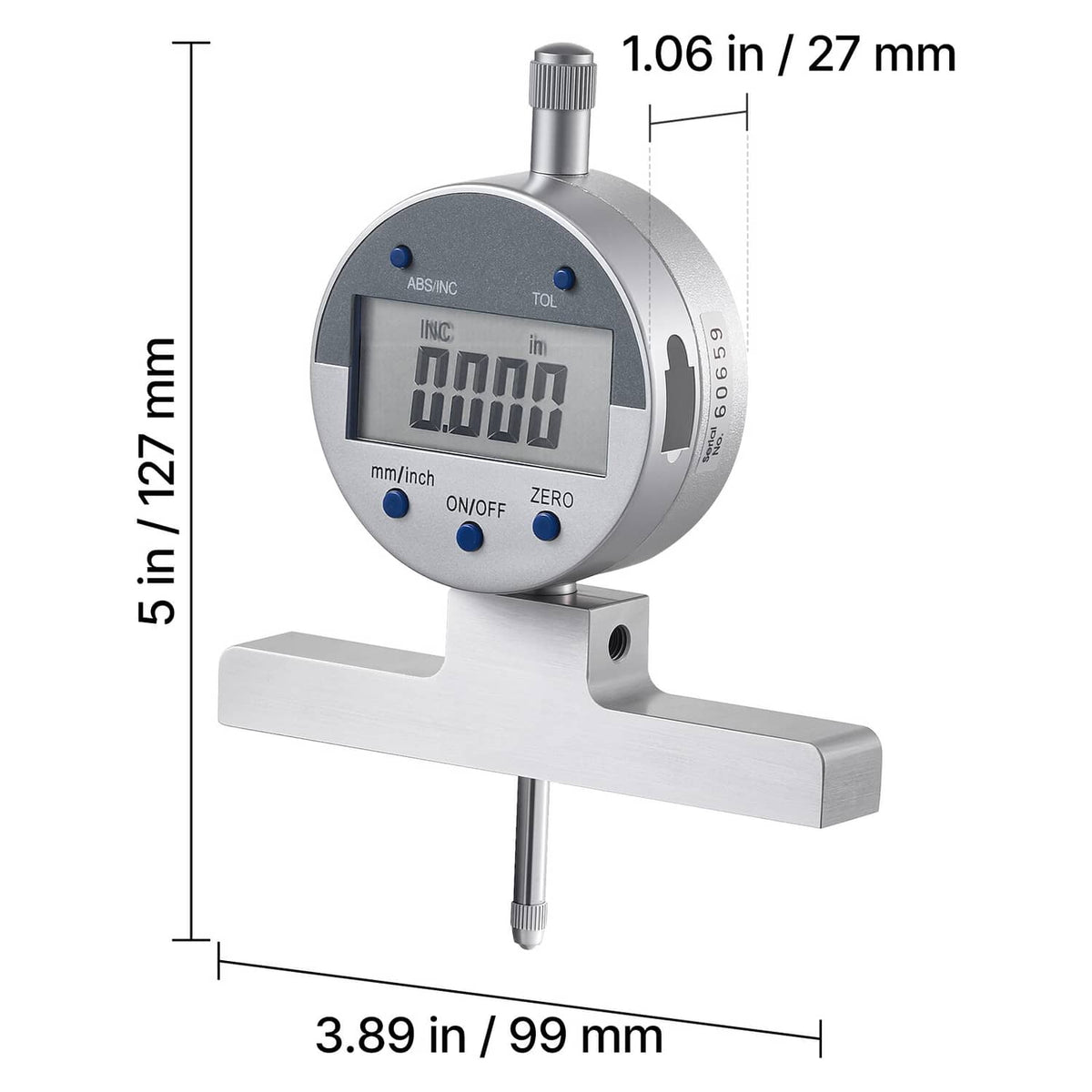 Digital depth gauge close-up with LCD screen and metal measuring base