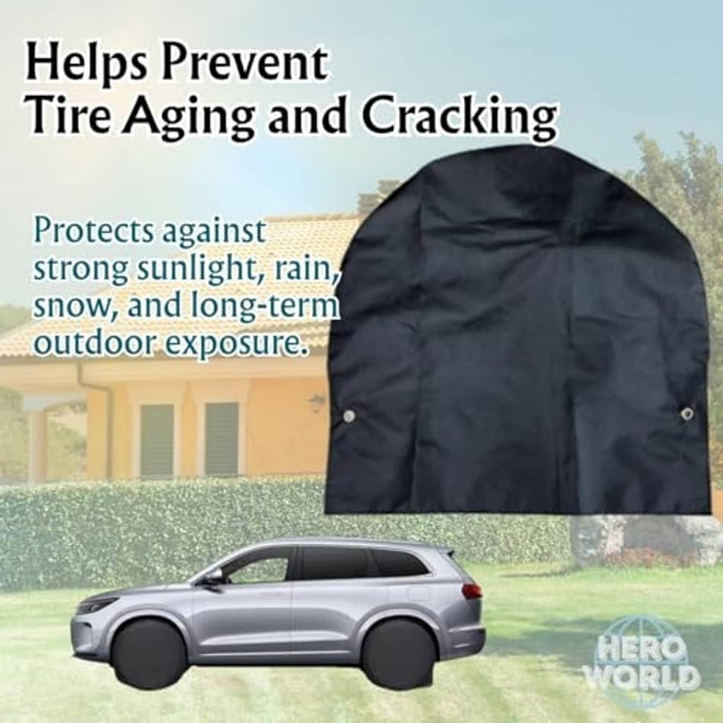 Black RV tire cover fitted over a vehicle wheel for weather protection
