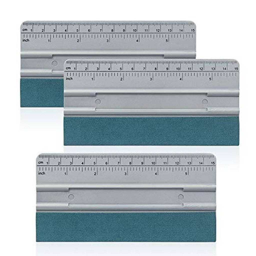 Vinyl wrap scraper tool with teal pad and long gray ruler bars