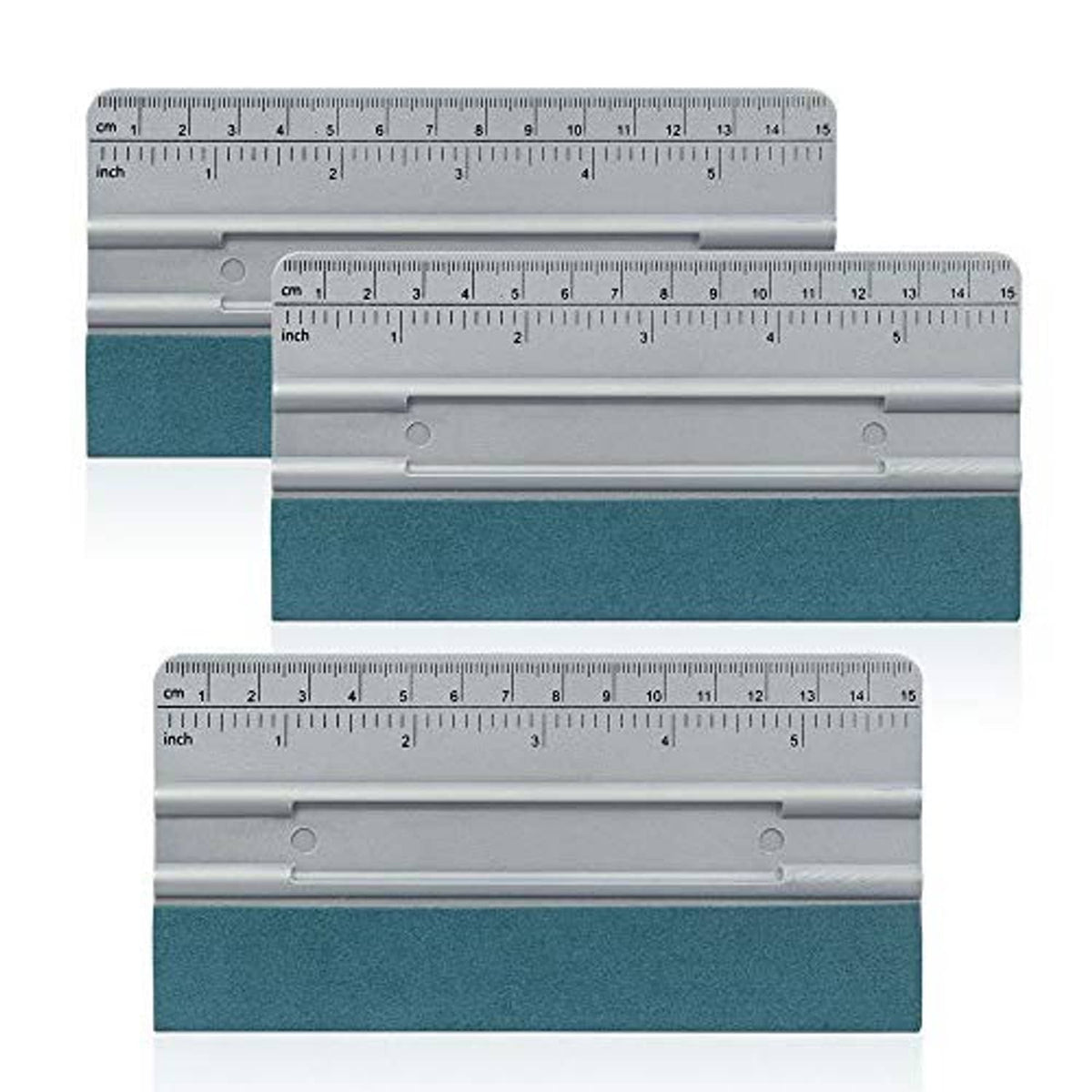 Vinyl wrap scraper tool with teal pad and long gray ruler bars