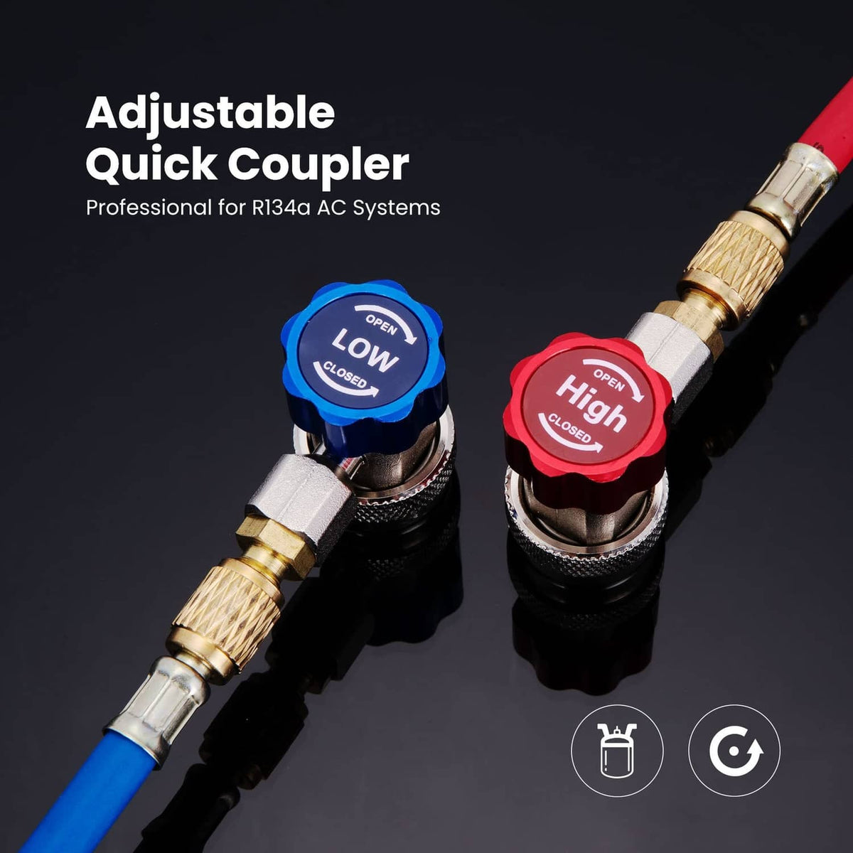 Adjustable R134a AC quick couplers with red High and blue Low knobs, brass ends