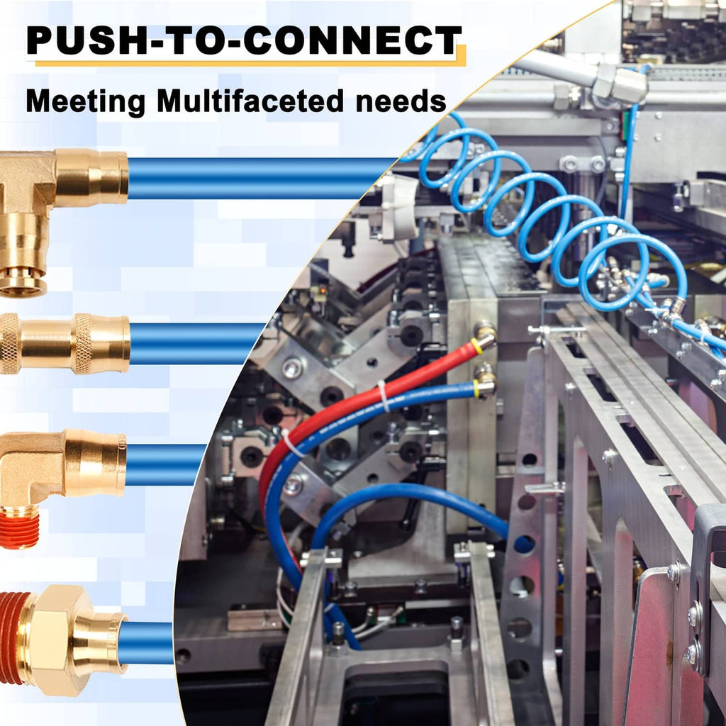 Brass straight quick-to-connect fitting attached to an air line on machinery