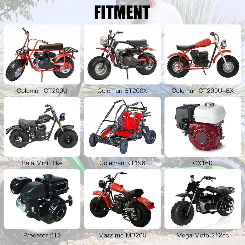 Fitment chart showing Predator 212 stage kit on small bikes, including GX160