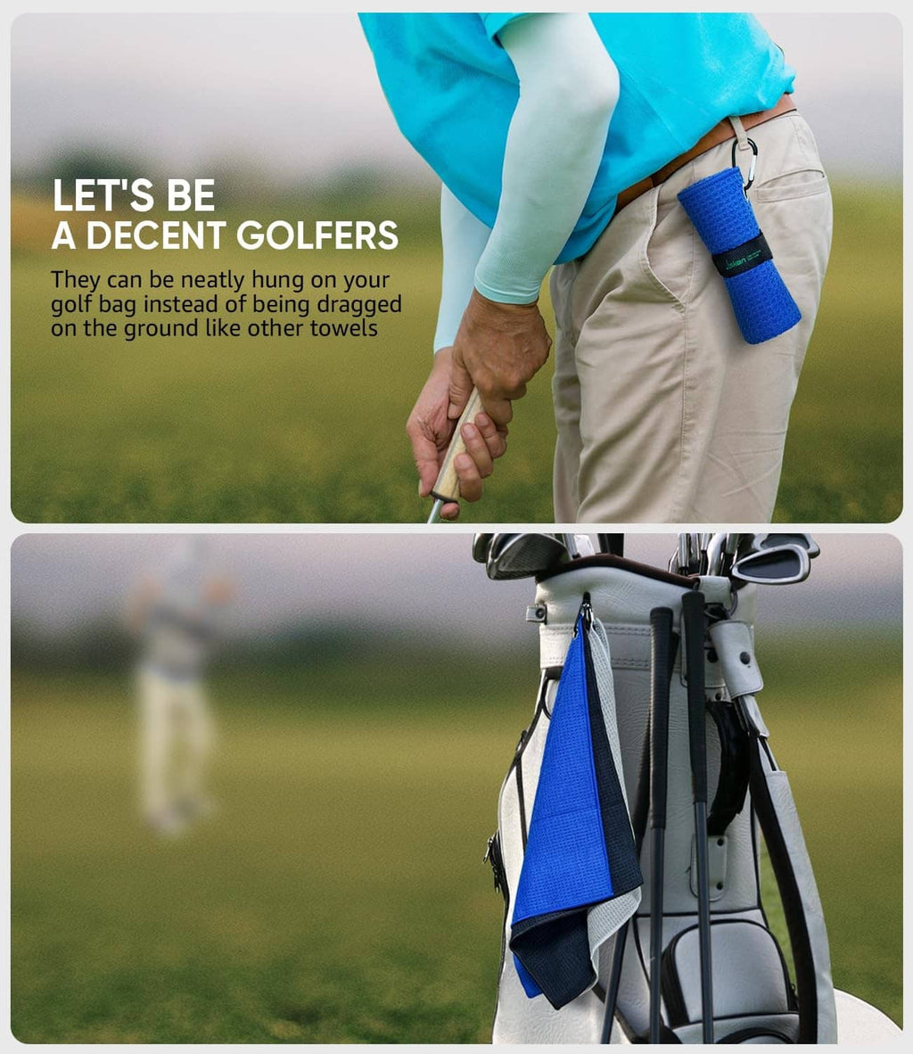 Blue Jiskan microfiber golf towel with carabiner clip attached to a golf bag