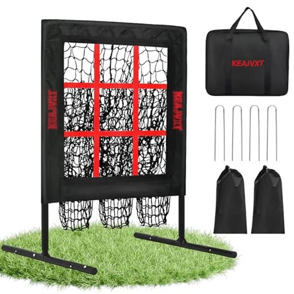 Black pitching net target with red strike-zone grid, carrying bag and stakes