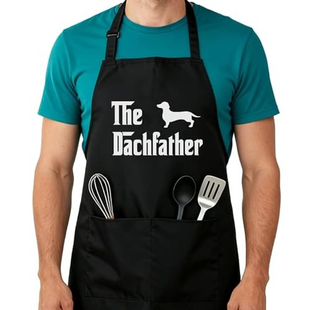 Black adjustable kitchen apron with Dachfather dog graphic and utensil pocket print.