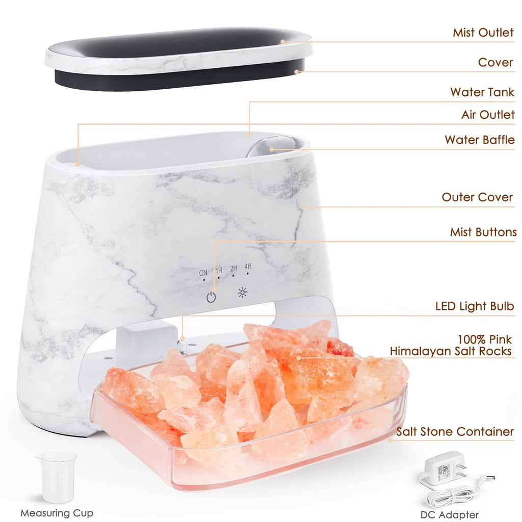 Exploded view of marble salt lamp diffuser parts: cover, tank, mist outlet, adapter