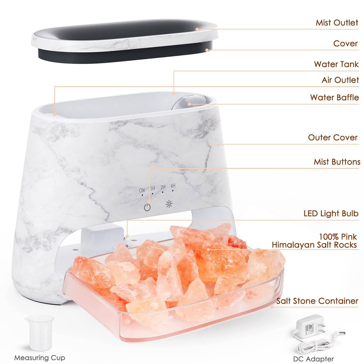 Exploded view of marble salt lamp diffuser parts: cover, tank, mist outlet, adapter