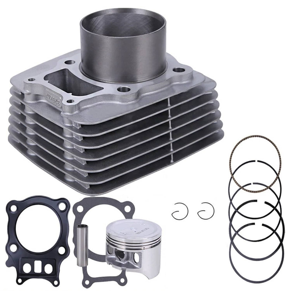 Motorcycle cylinder kit with finned cylinder, piston, head gasket, piston pin and rings